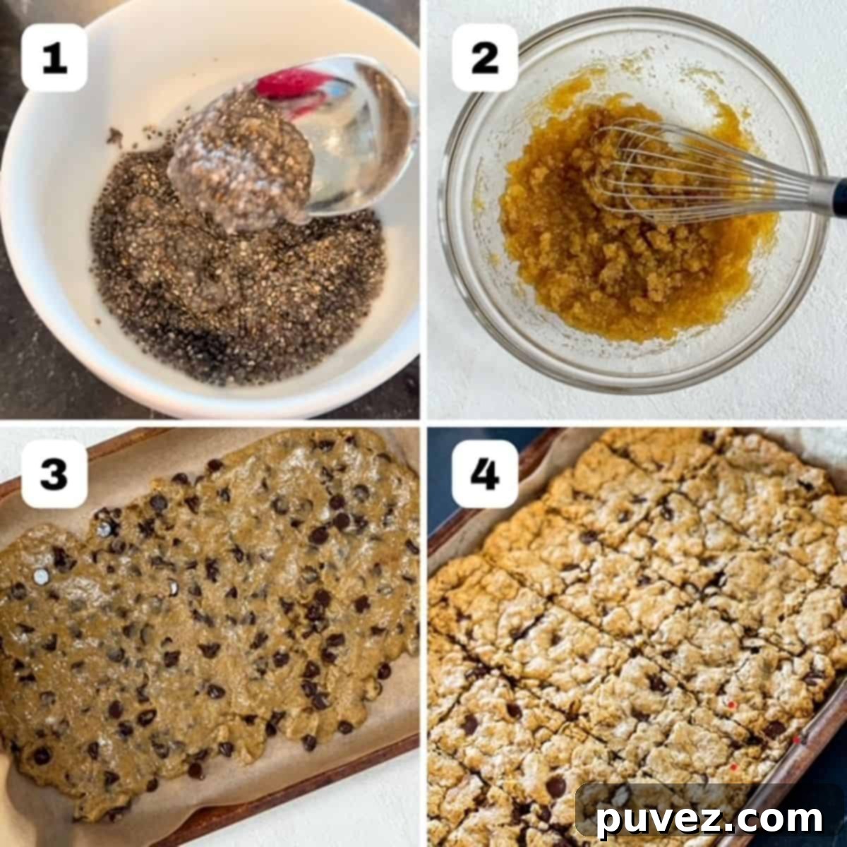 Four numbered images showing how to make vegan blondies.