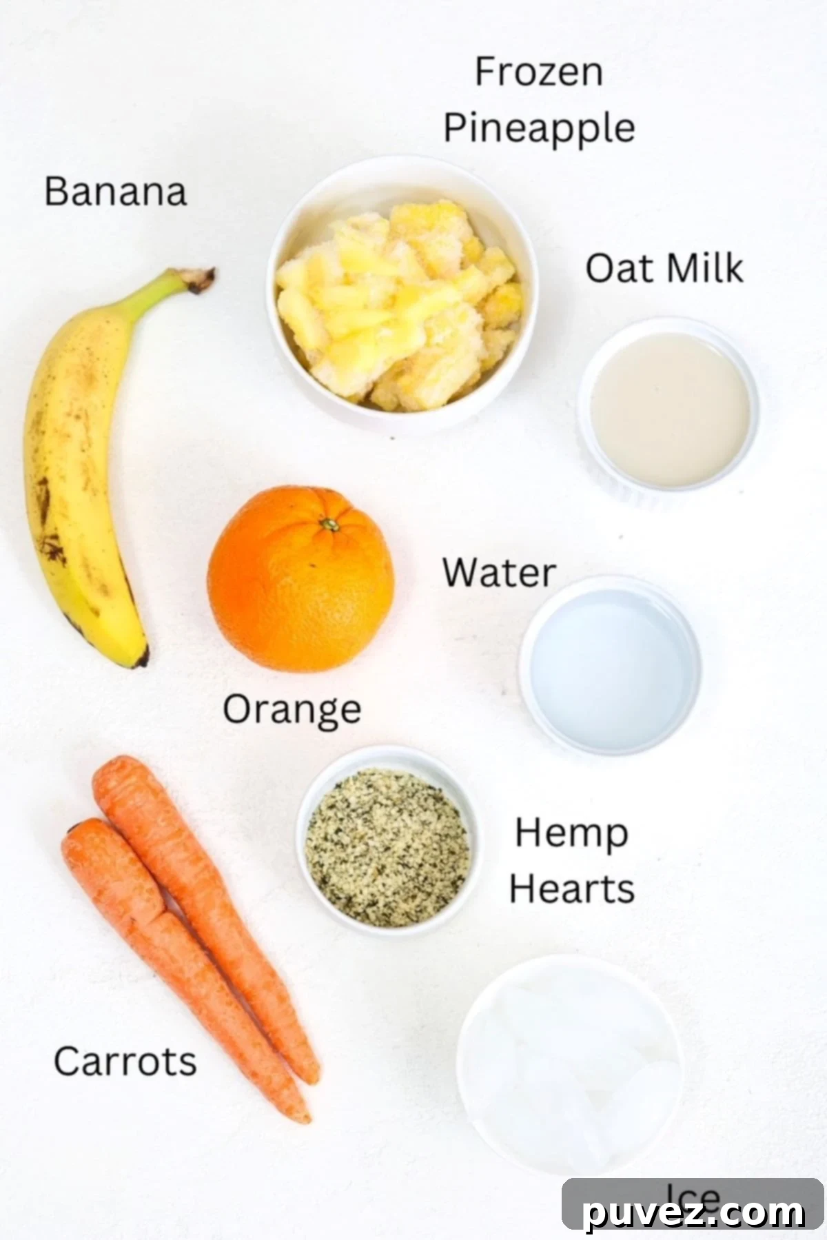 Carrot Banana Smoothie ingredients, labeled.