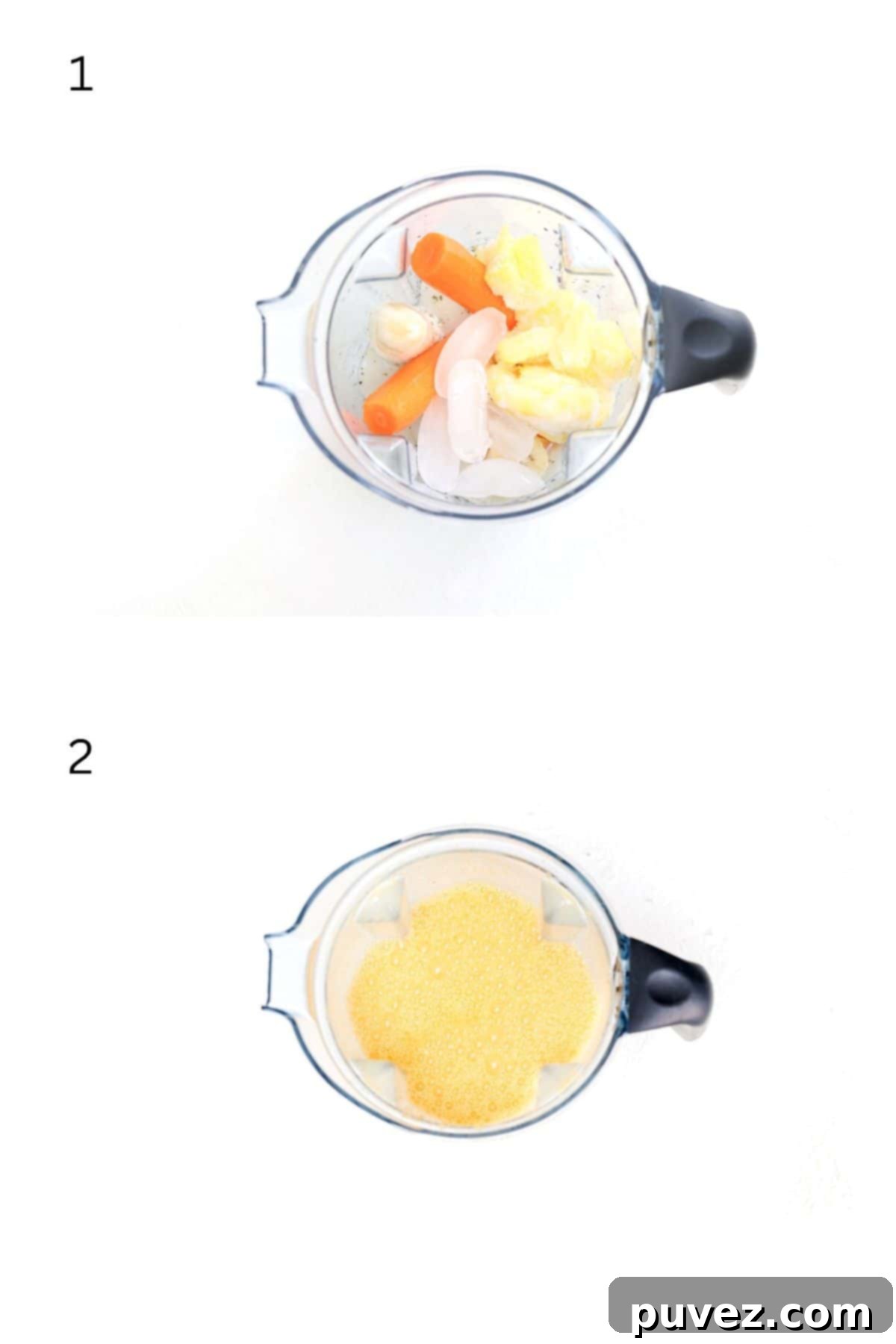 Two numbered images showing how to make a carrot banana smoothie in a Vitamix blender.