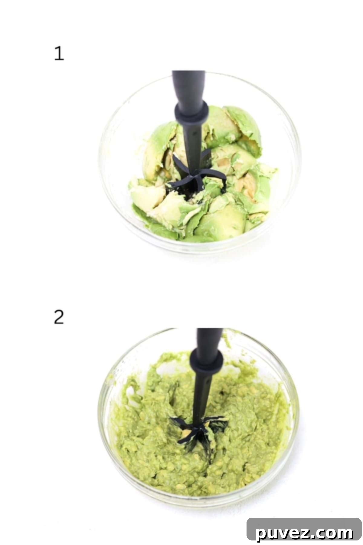 Two numbered images showing the process of making guacamole: slicing and scooping avocados, then mashing them in a bowl.