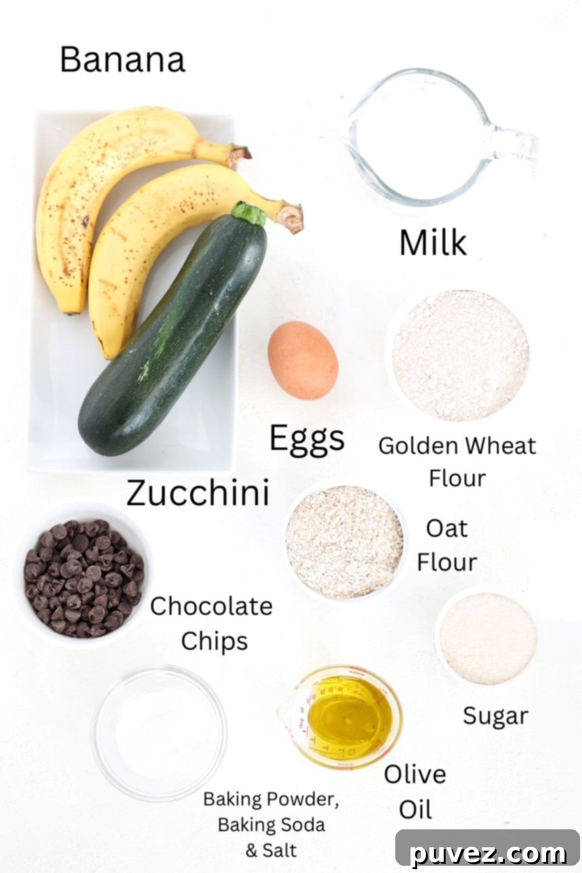 Banana Zucchini Chocolate Chip Muffins ingredients, labeled.