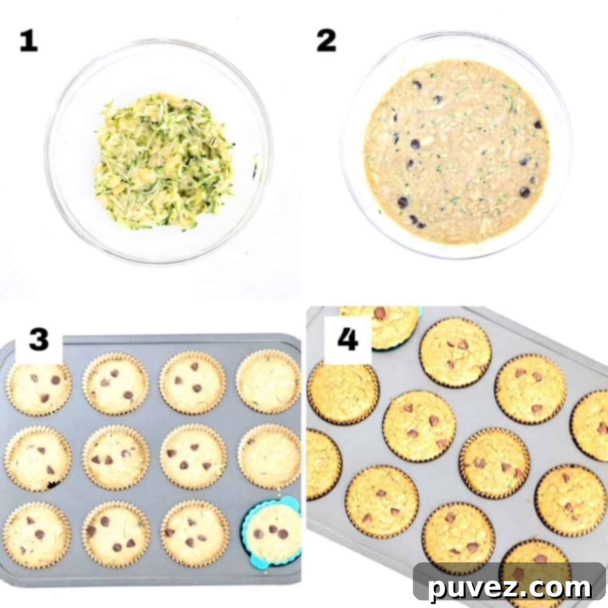 Four numbered photos showing how to make Banana Zucchini Chocolate Chip Muffins.