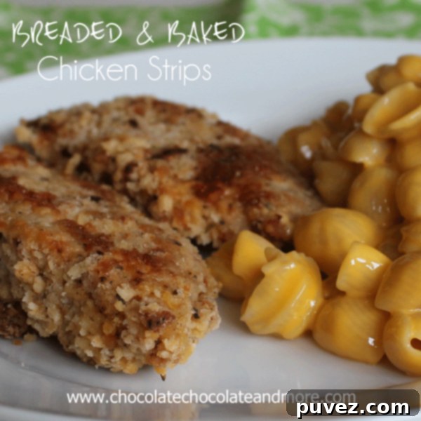 Pinterest pin for Breaded and Baked Chicken Strips with Velveeta Shells and Cheese