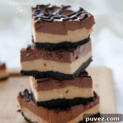 No Bake Peanut Butter Cup Cheesecake bars in a pan, topped with chocolate drizzle and peanut butter cups.