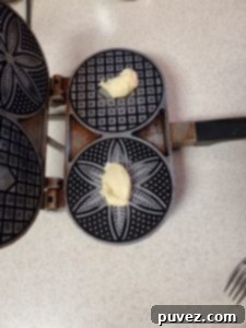 Two balls of cookie dough sitting on a hot pizzelle cookie iron.