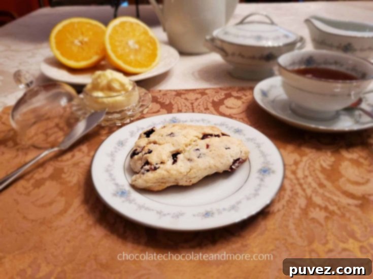 A beautifully set table with a plate of golden orange butter cranberry cream scones, a teacup, and a sliced orange, inviting a delightful breakfast.