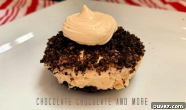 One unwrapped peanut butter pie cup sitting on a square white plate on a red and white striped cloth, highlighting the delicious layers.