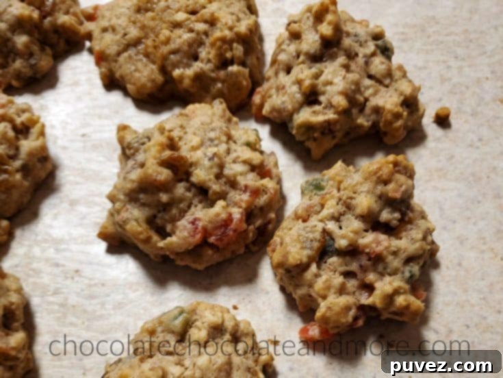 A top-down view of Grandma's Fruitcake Cookies, showcasing their vibrant colors and festive presentation, ready for holiday enjoyment.