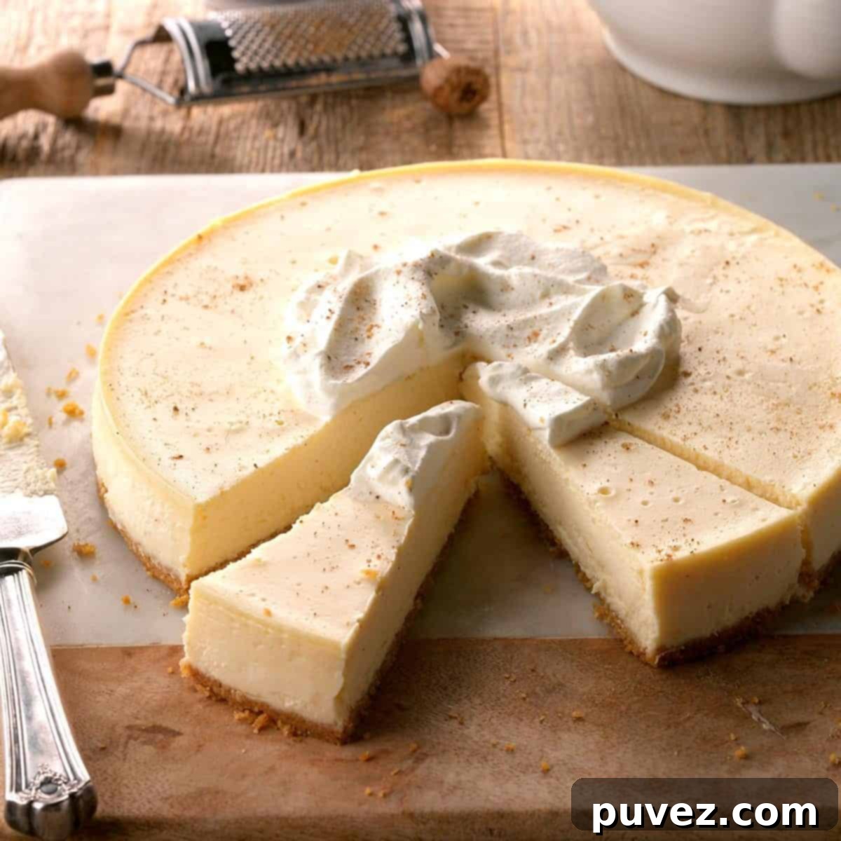 A rich Eggnog Cheesecake topped with whipped cream and a sprinkle of nutmeg, perfect for a festive dessert.