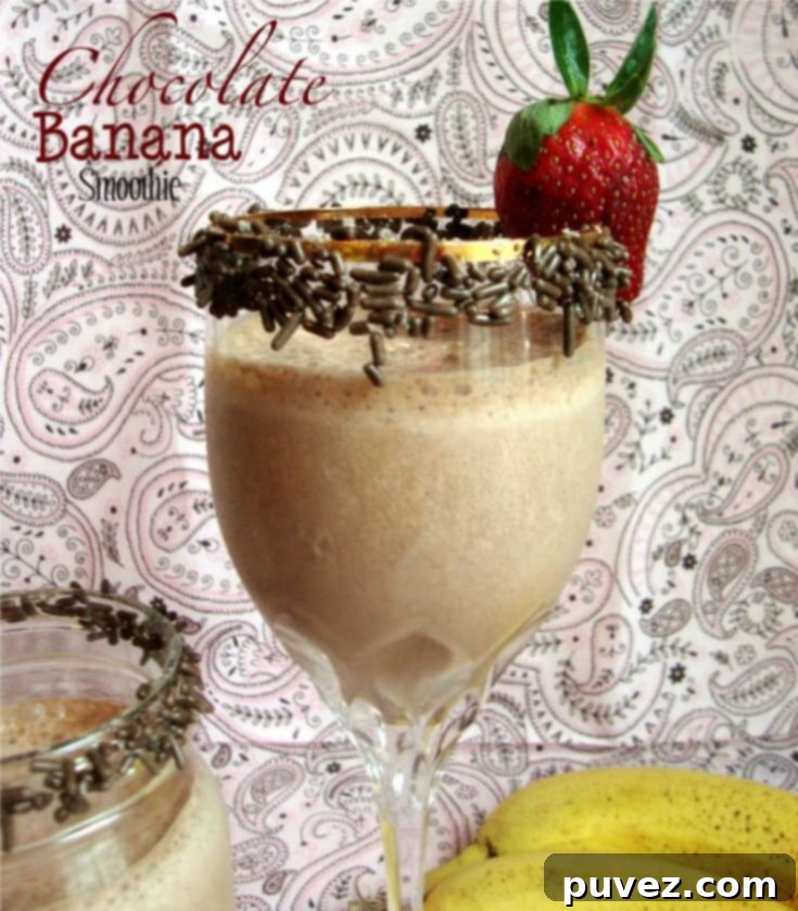 Moist Banana Nut Bread 6 Refreshing Chocolate Banana Smoothie in a tall glass, garnished with a banana slice.
