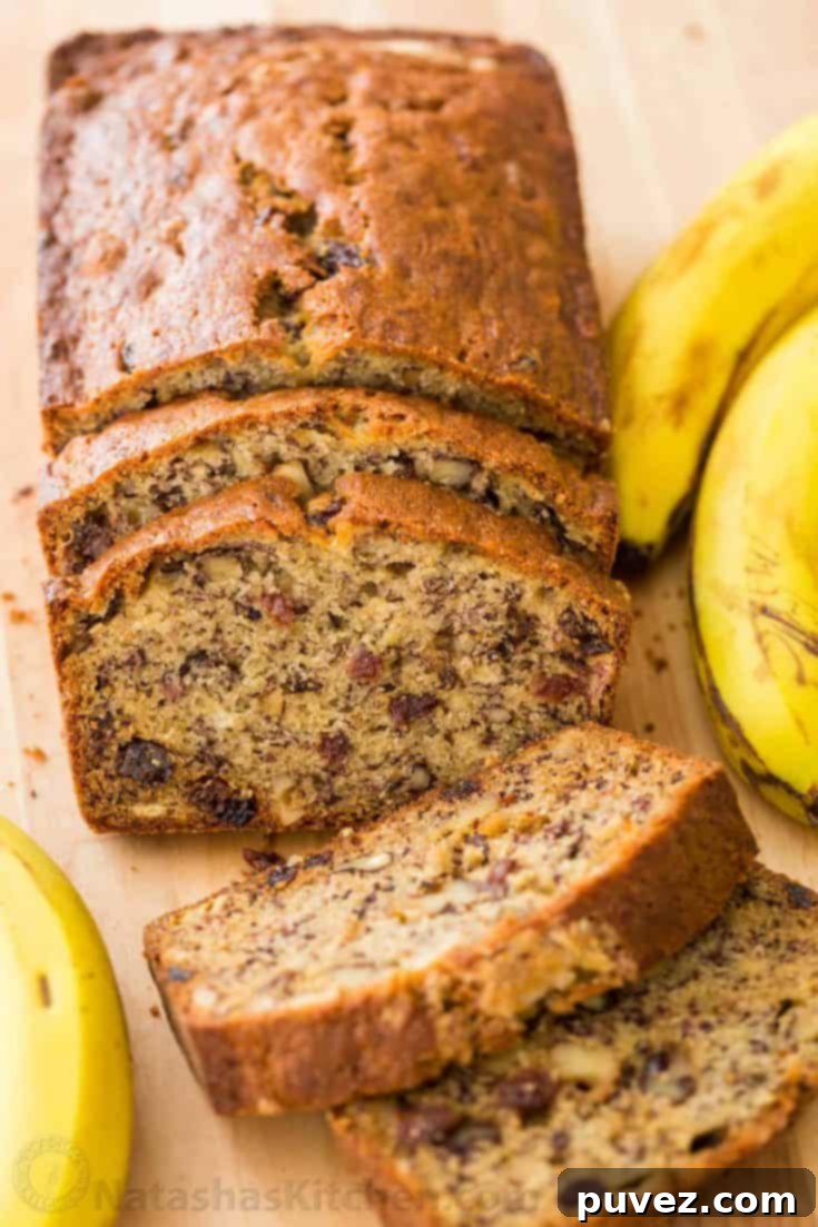 Moist Banana Nut Bread 10 Perfectly baked moist banana bread loaf with a golden crust.