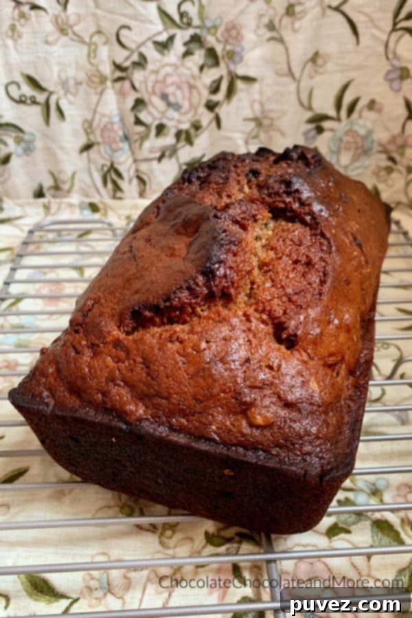 Banana Nut Bread A freshly baked loaf of homemade banana nut bread, golden brown and perfectly domed, rests on a metal cooling rack against a gentle brown floral backdrop.