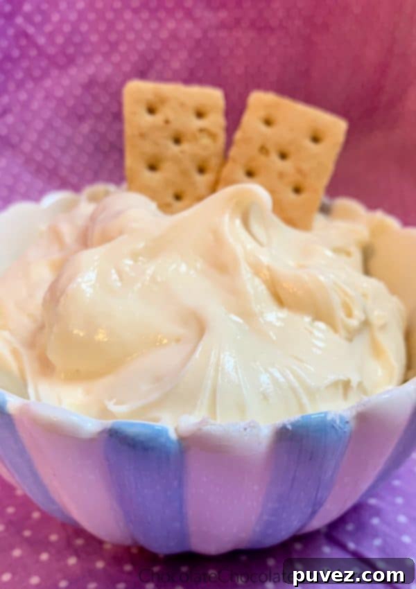 A bowl of 3-Ingredient Cheesecake Dip with 2 graham crackers sticking out with a purple and white polka dot background.