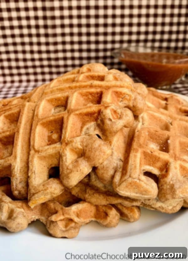 Cinnamon Applesauce Waffles sitting on a white circular plate and a clear gravy boat with cinnamon applesauce glaze sitting behind and a white and black checkered background.