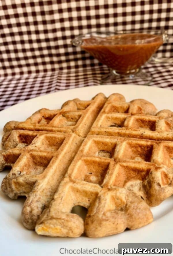 Cinnamon Applesauce Waffles sitting on a white circular plate and a clear gravy boat with cinnamon applesauce glaze sitting behind and a white and black checkered background.