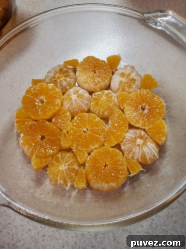 a glass baking dish lined with vibrant cross-sections of mandarin oranges