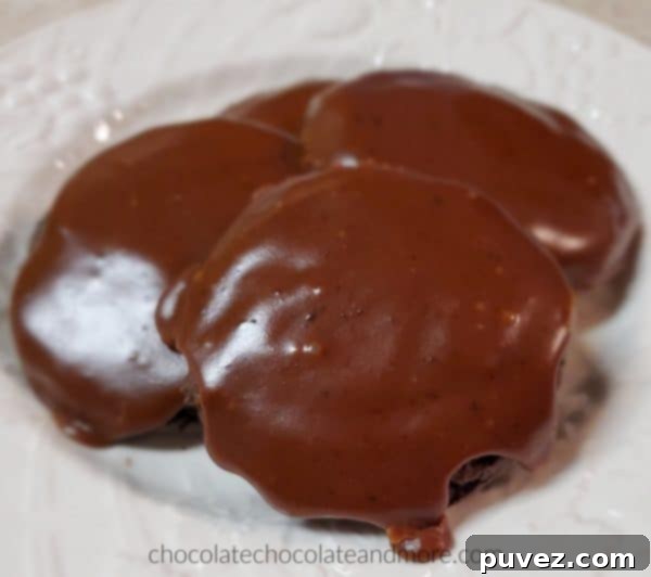 Three perfectly iced Texas Chocolate Cookies, showcasing their moist texture and shiny, delectable frosting, arranged on a white plate.