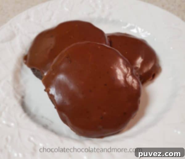 A trio of delicious Texas Chocolate Cookies, each coated with sweet, set fudgy frosting, ready to be enjoyed.