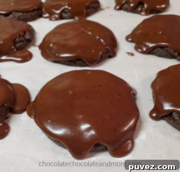 Several homemade Texas Chocolate Cookies, freshly iced with a rich fudge frosting, cooling on a kitchen counter.