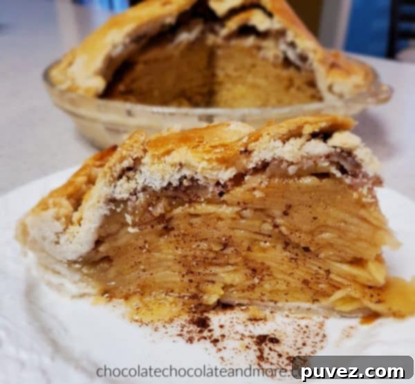A tempting slice of apple pie, featuring a golden crust and a succulent apple filling, with delicious cinnamon syrup visibly dripping, emphasizing its juiciness.