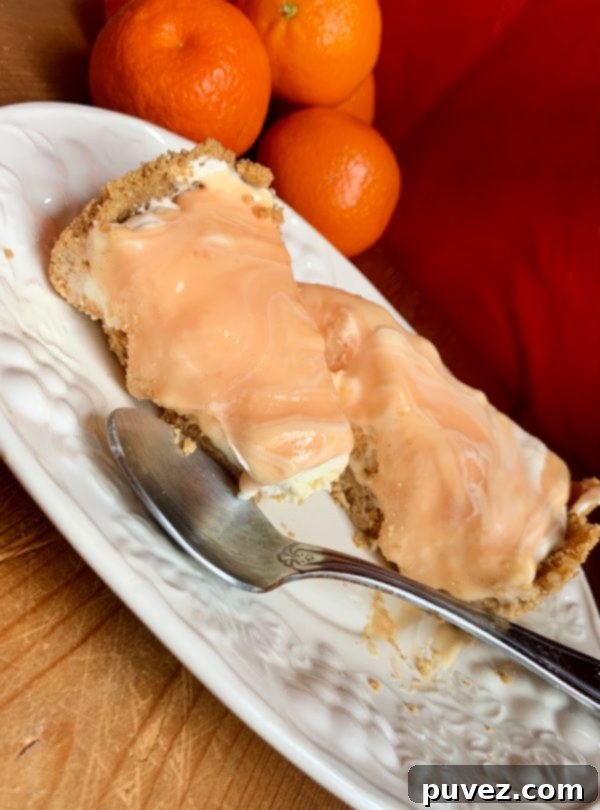 Two slices of Orange Creamsicle Swirl Cheesecake artfully arranged on a white oval plate, garnished with fresh orange slices, all set against a red background.