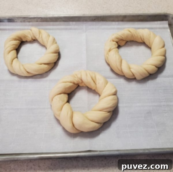 three twisted rings of raw bread dough