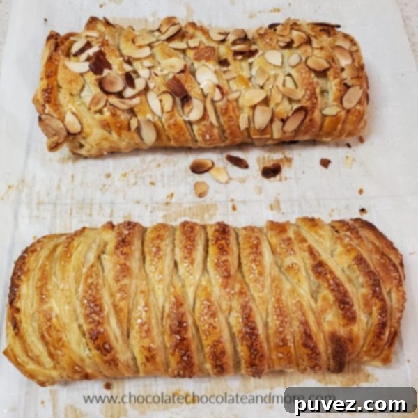 Freshly baked almond puff pastry cooling on a wire rack.