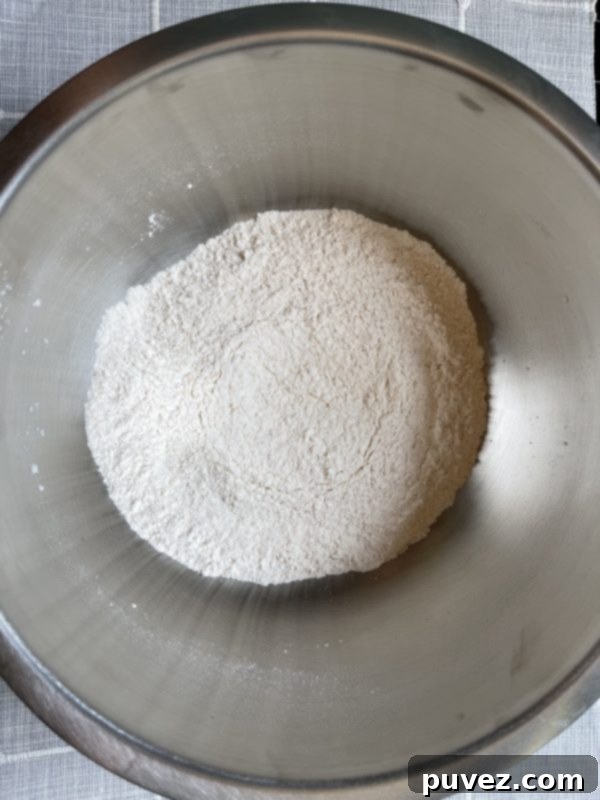 Dry ingredients for Copycat Red Lobster Cheddar Bay Biscuits, including flour, baking powder, baking soda, salt, garlic powder, and onion powder in a mixing bowl.