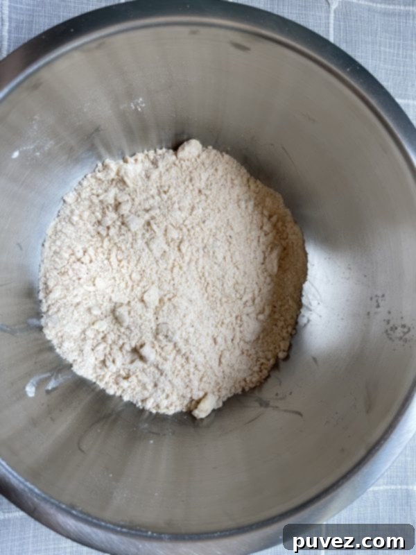 Dry ingredients after cold butter is mixed in, showing a sandy, crumbly texture, for Copycat Red Lobster Cheddar Bay Biscuits.
