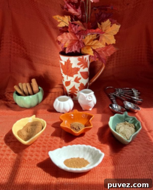 The ingredients for pumpkin pie spice, including cinnamon, ginger, cloves, and nutmeg, are artfully arranged in separate leaf-shaped bowls. A pumpkin-shaped bowl holds cinnamon sticks, flanked by a white ceramic pumpkin and a charming owl figurine. A set of measuring spoons and a fall-decorated mug filled with autumn leaves complete the cozy, seasonal display.