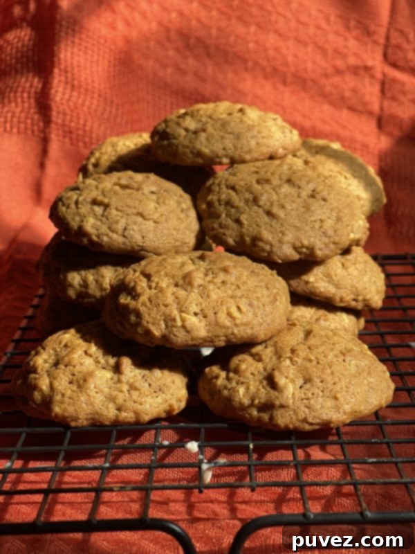 Stack of freshly baked Pumpkin Spice Oatmeal Cookies cooling on a wire rack, ready to be glazed.