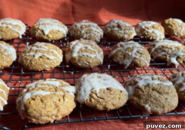 Freshly baked Pumpkin Spice Oatmeal Cookies cooling on a wire rack, showcasing their rustic texture.