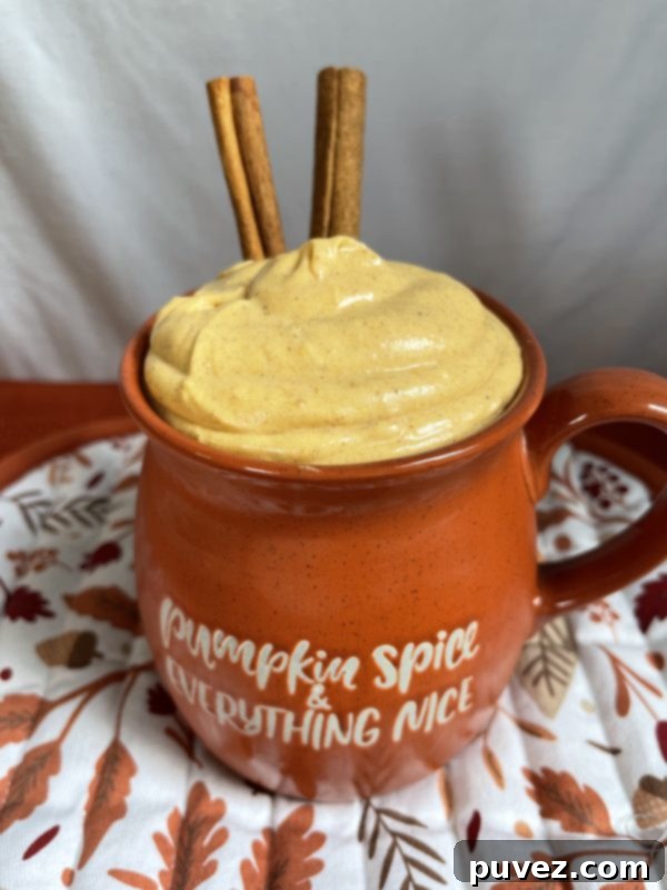 Pumpkin Spice Cheesecake Dip in an orange mug.