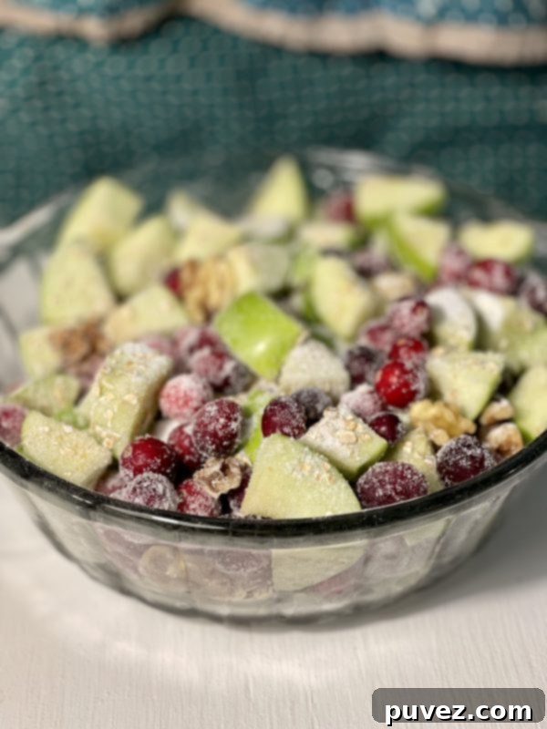 Chopped apple, cranberries, pecans with sugar and oats.