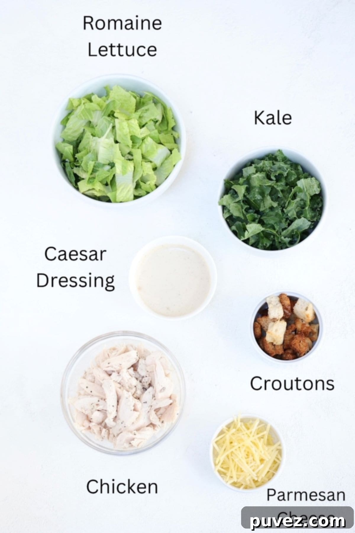 Chicken Caesar salad ingredients, labeled.
