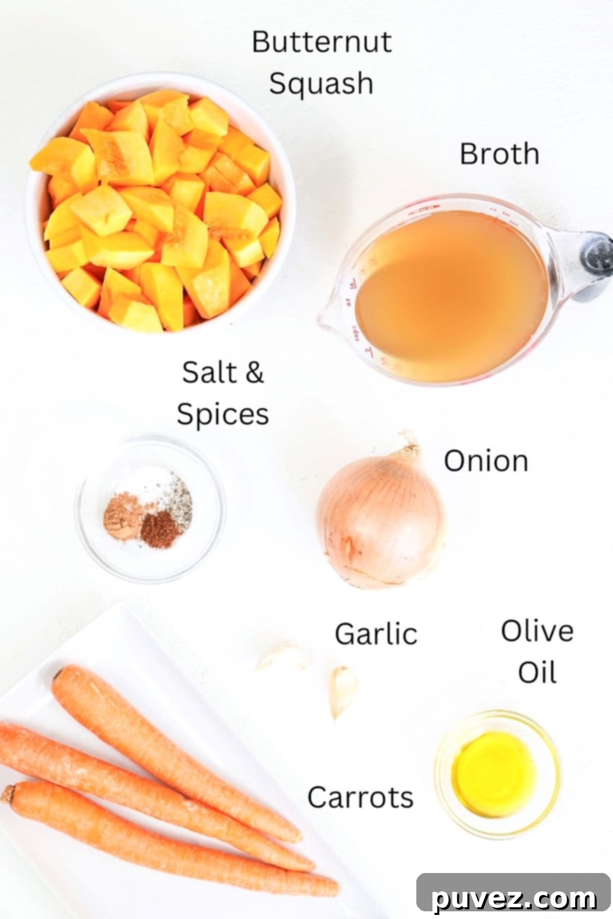 Carrot Butternut Squash Soup ingredients, labeled.