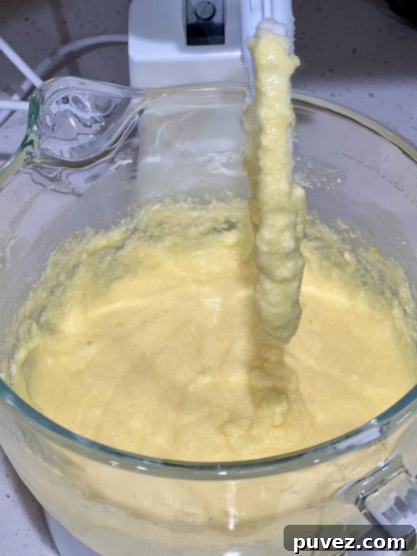 Cake batter after eggs have been mixed in, appearing smooth and cohesive.