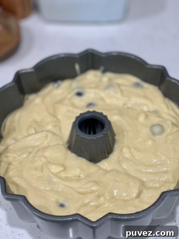 Cake batter poured into a greased bundt pan, ready for the oven.