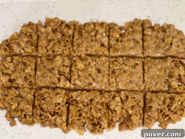 Peanut Butter Corn Flake Candy cut into perfect squares, ready to serve