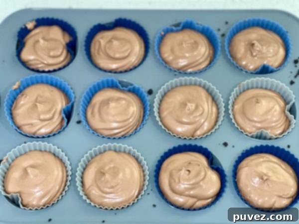 No-Bake Chocolate Pie Cups in a cupcake pan, before freezing