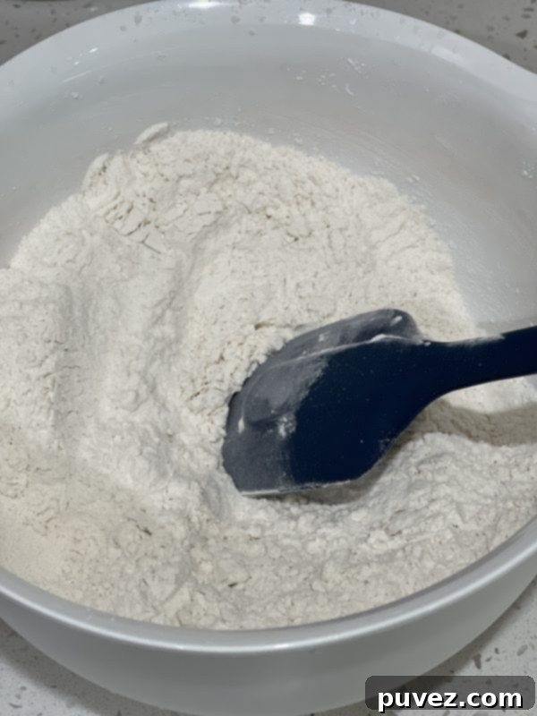Dry ingredients for biscuits mixed together in a medium sized bowl, ready for butter