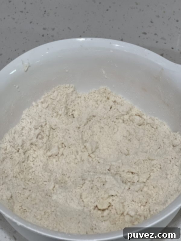Flour mixture after cold butter has been incorporated, showing a crumbly texture with small butter pieces
