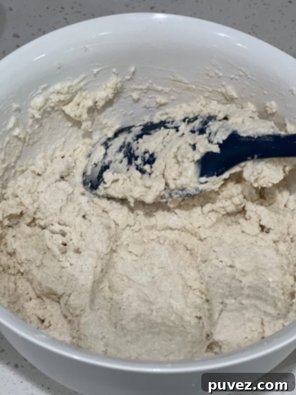 Biscuit dough in the bowl, shaggy and just combined after adding buttermilk