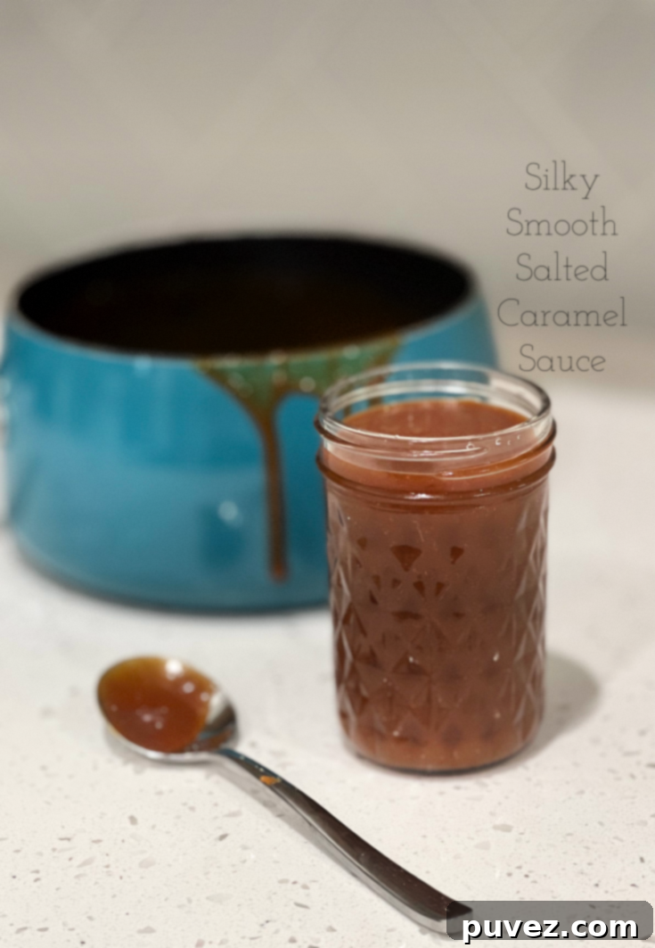 Pin this recipe for Silky Smooth Salted Caramel Sauce