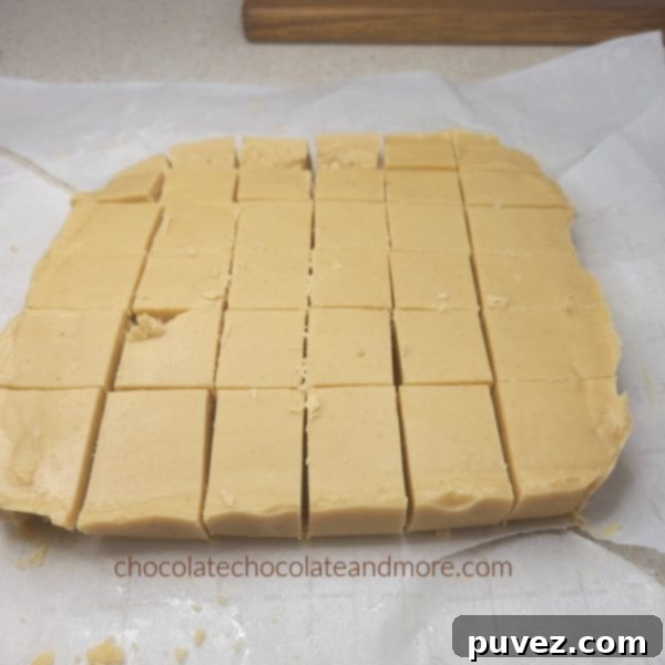 Several golden squares of peanut butter fudge, showing off their smooth, inviting texture.