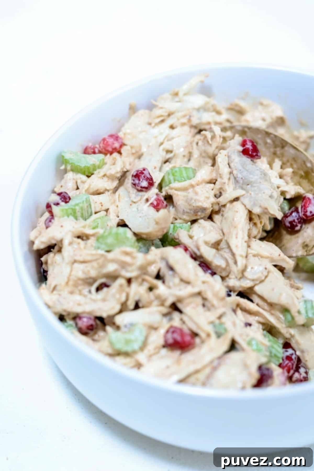 Chicken salad with pomegranate seeds in a white serving bowl with a gold spoon.