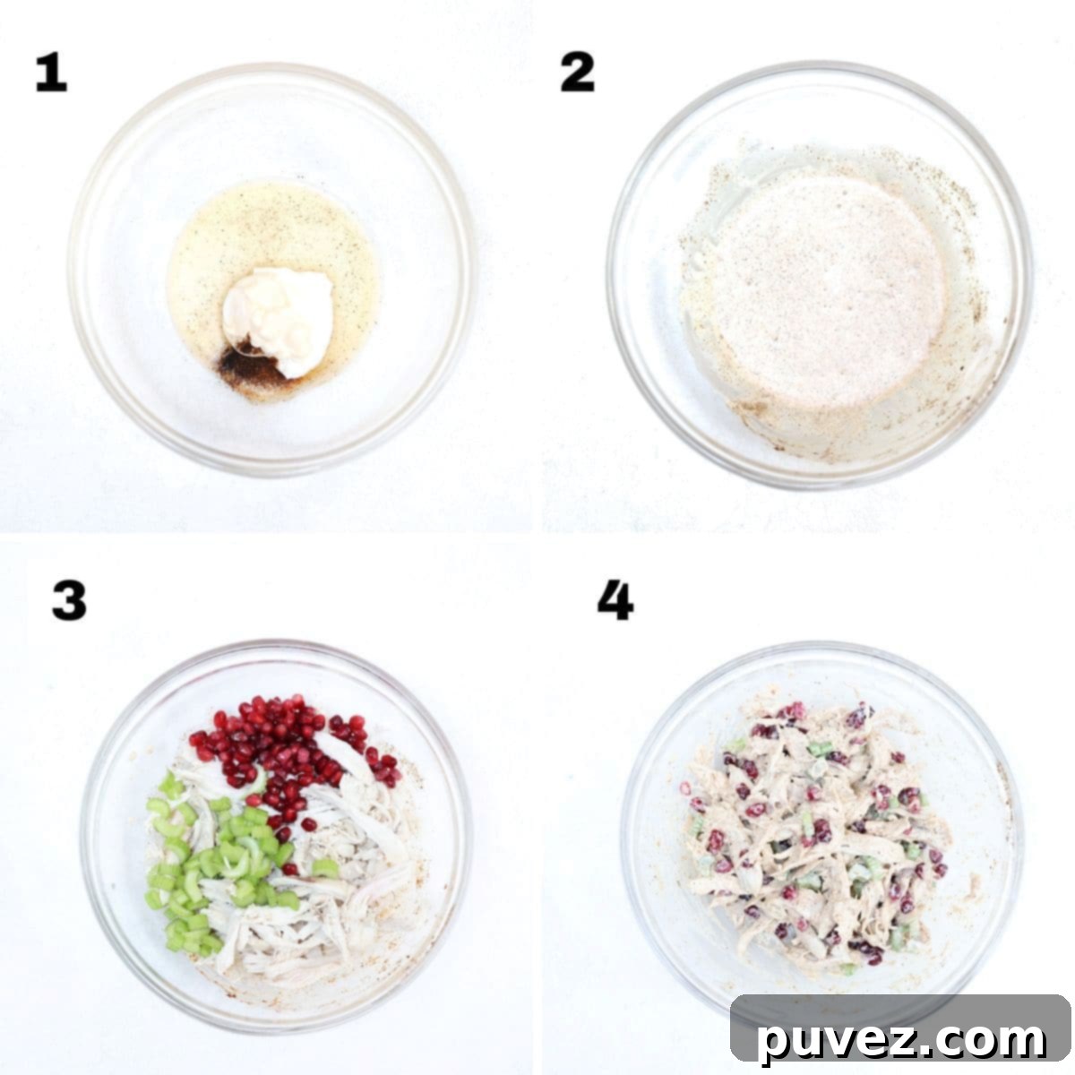 Four numbered images showing how to make chicken pomegranate salad.