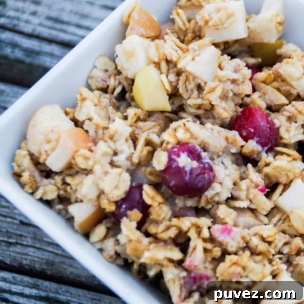 Apple baked oatmeal with cranberries in a square white bowl.