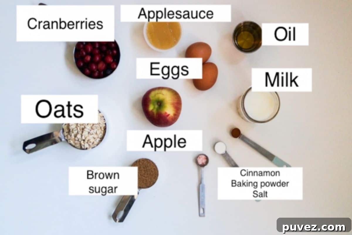 Baked oatmeal ingredients, labeled.