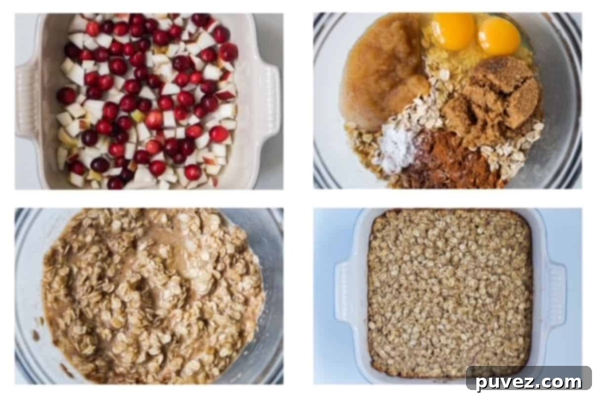 Four images showing steps to make apple baked oatmeal with cranberries.